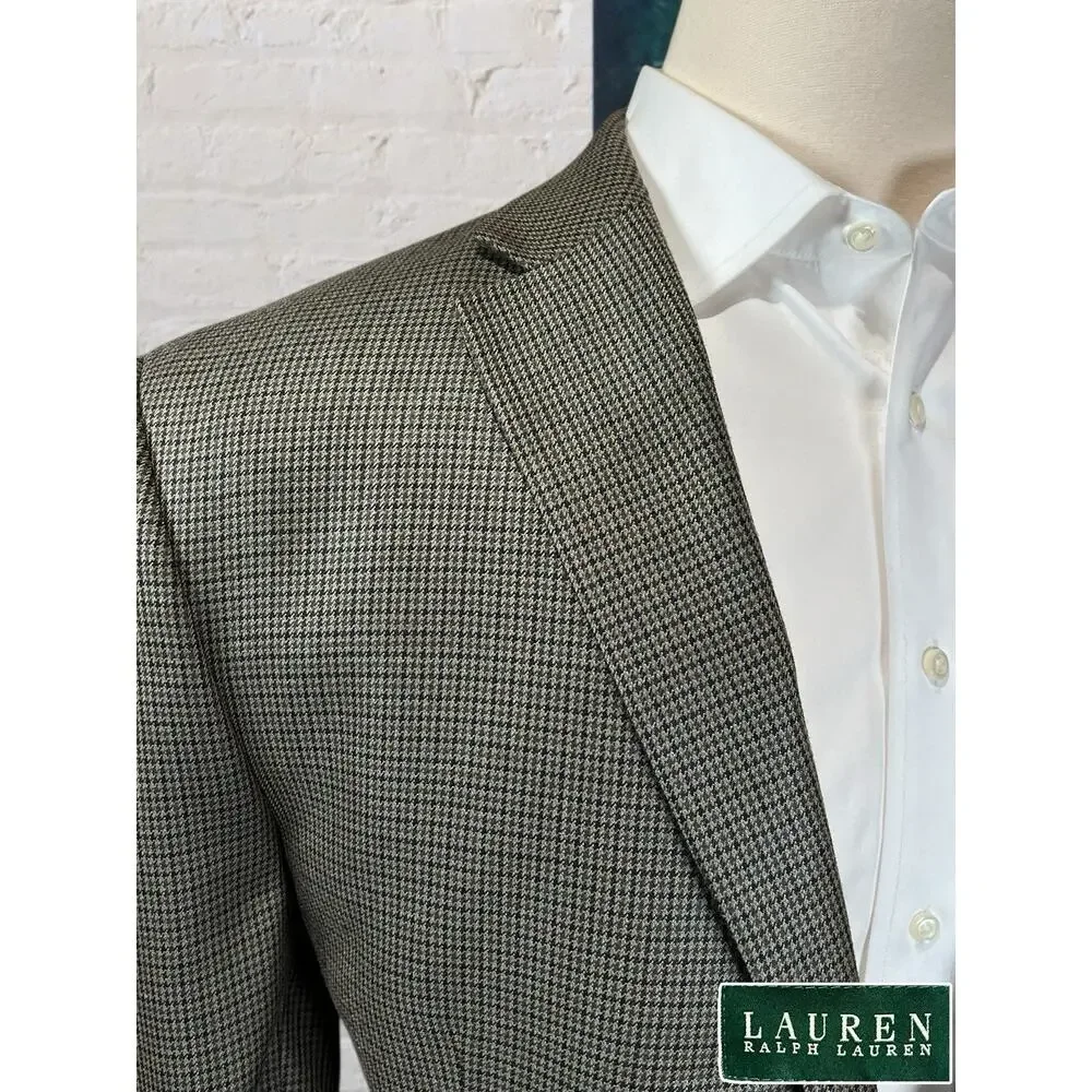 Ralph Lauren LRL Mens 48L Tan Brown Houndstooth Silk Wool Blazer Sport Jacket - Picture 5 of 14